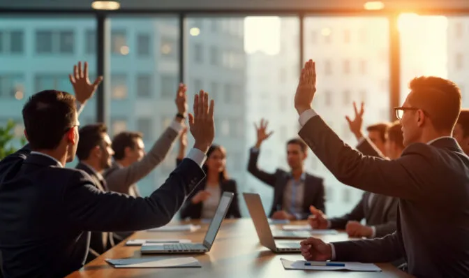 Business people raise hands in vote during executive board meeting in office. Decision-making process in progress. Group participates in voting event. Modern workplace setting with laptops on table.