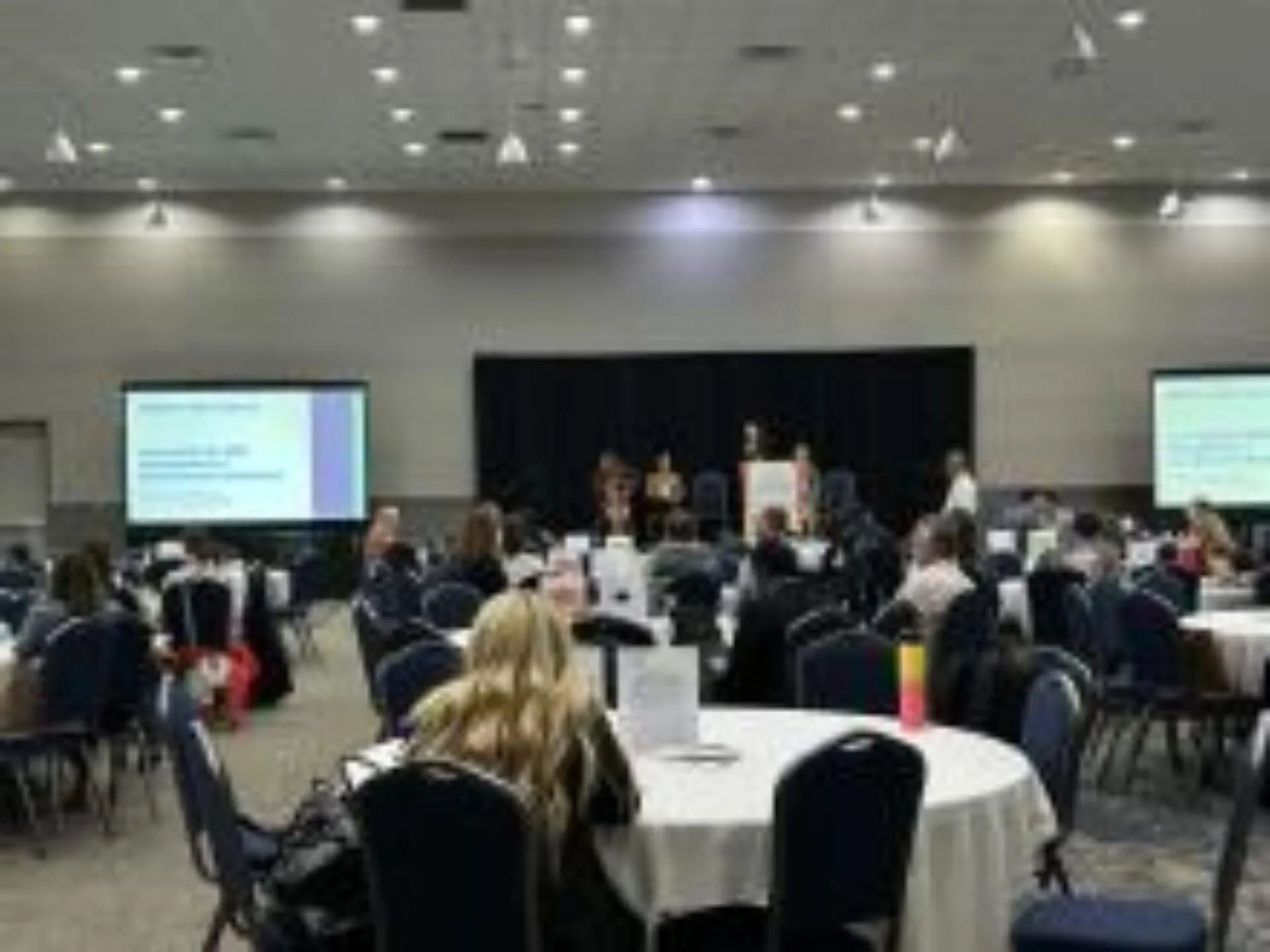 People in a conference room with a screen on the left and right