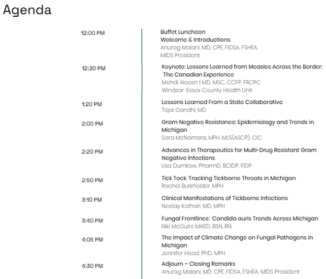 An agenda with times and presenter names