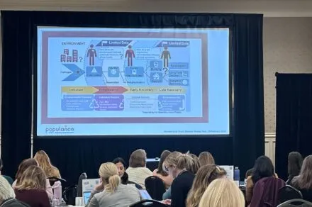 A screen showing a process at a conference